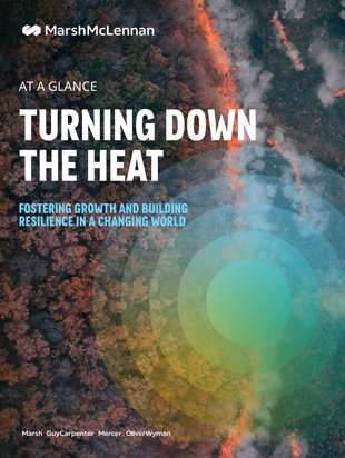 The report cover for "Turning down the heat" featuring a scorched earth from a bird's eye point of view with Marsh McLennan branding overlayed on top of the image